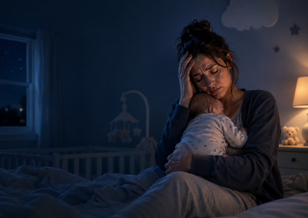 Madre agotada sosteniendo a su bebé por la noche en una habitación infantil, portada del artículo sobre despertares cada hora.